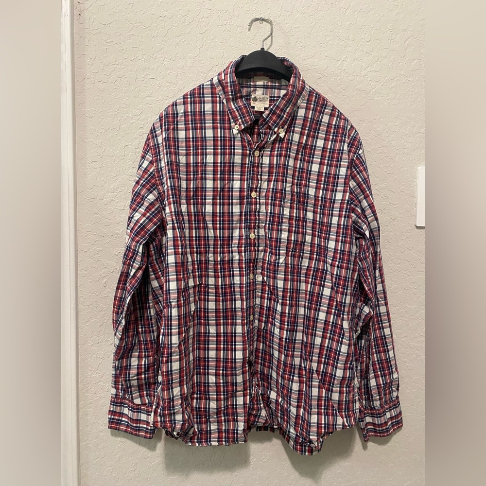 J. Crew Red White Blue Plaid Long sleeve button up mens sz XL preppy old money